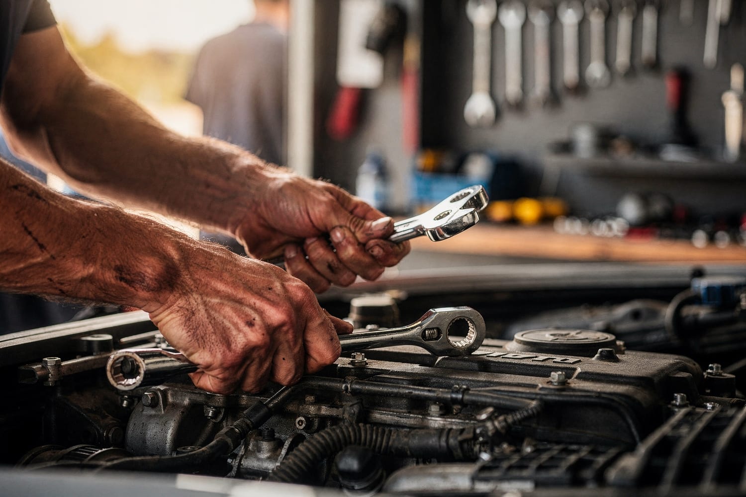 A mechanic's hands working on an engine with hand tools